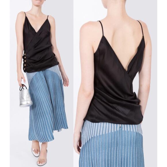 NWOT Balmain Button Ruched Sleeveless Camisole Wrap Top Black Women's 34 / US 2